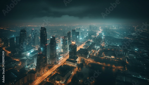 Modern city skyline glows with multi colored lights generative AI