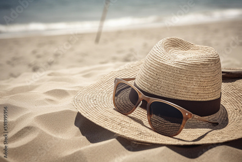 Straw hat and sunglasses on beach  generative ai  sandy beach 