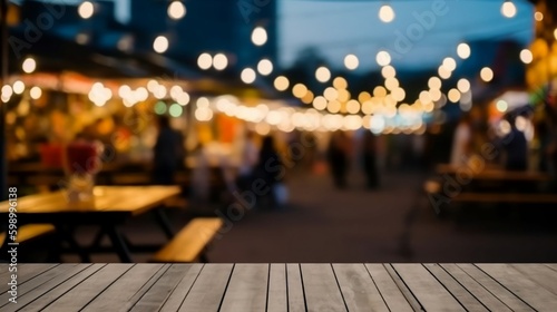 Empty wooden table top with lights bokeh on blur background, AI