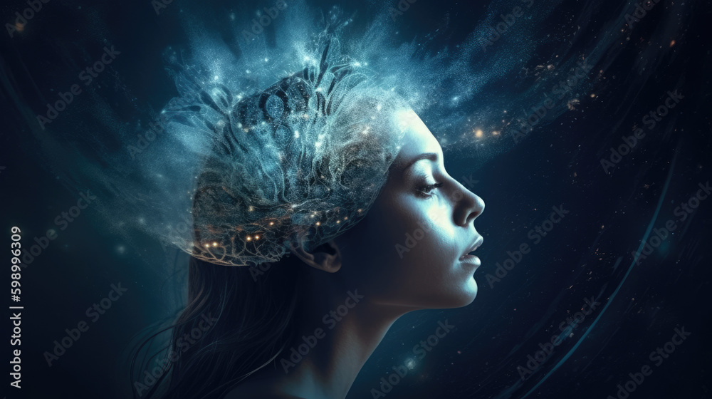 A Portrait of a Woman Experiencing Surreal Meditation Journey in a Dreamlike Landscape, Psychic Waves Trend, Generative AI A Portrait of a Woman Experiencing Surreal Meditation Journey in a Dreamlike Landscape, Psychic Waves Trend, Generative AI