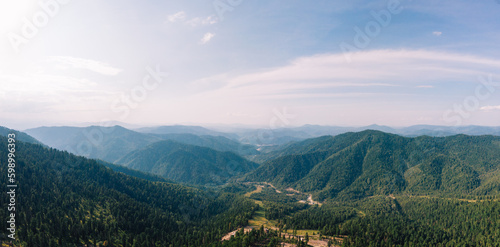 Beauty day in the mountains in Altay, panoramic picture. Aerial shot on drone, Near Teletskoe lake shot