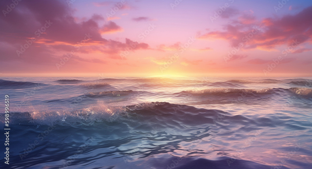Beautiful wide format background image of marine nature at sunset on a summer day with original purple tinting. generative ai. Waves