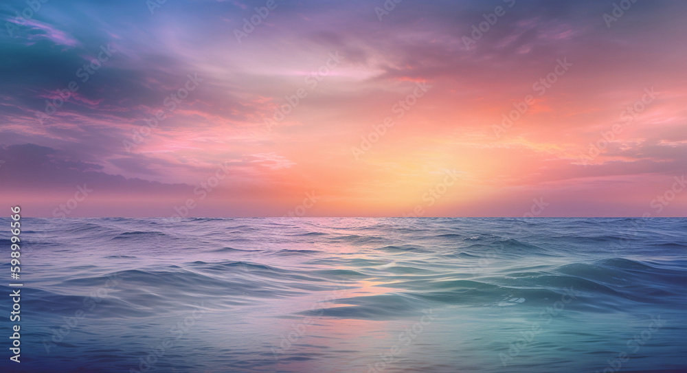 Beautiful wide format background image of marine nature at sunset on a summer day with original purple tinting. generative ai. calm sea