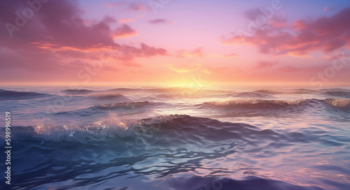 Beautiful wide format background image of marine nature at sunset on a summer day with original purple tinting. generative ai. Waves