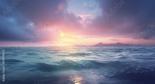 Beautiful wide format background image of marine nature at sunset on a summer day with original purple tinting. generative ai. Waves © Zakaria