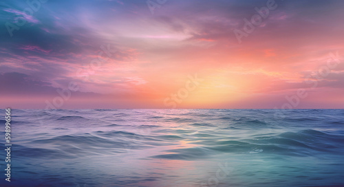 Beautiful wide format background image of marine nature at sunset on a summer day with original purple tinting. generative ai. calm sea © Zakaria