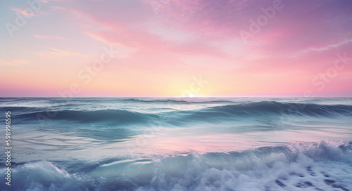 Beautiful wide format background image of marine nature at sunset on a summer day with original purple tinting. generative ai. Waves