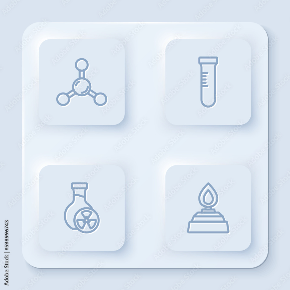 Set line Molecule, Test tube, with toxic liquid and Alcohol or spirit burner. White square button. Vector Set line Molecule, Test tube, with toxic liquid and Alcohol or spirit burner. White square button. Vector