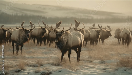 Herd of horned deer grazing in snowy meadow generative AI