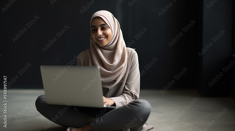 Alegre mulher do Oriente Médio sentada no chão, usando laptop - obrazy, fototapety, plakaty 