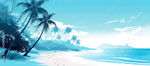 Beautiful natural tropical landscape, generative ai, beach with white sand and Palm tree leaned over calm wave. Turquoise ocean on background blue sky with clouds on sunny summer day