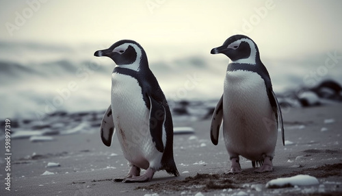 Gentoo penguins waddling on snowy Antarctic coastline generative AI