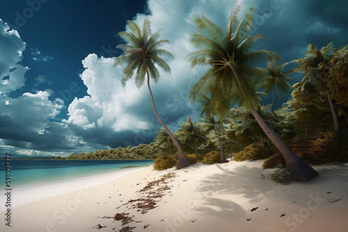 Beautiful natural tropical landscape  generative ai  beach with white sand and Palm tree leaned over calm wave. Turquoise ocean on background blue sky with clouds on sunny summer day