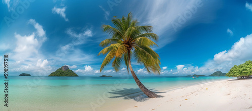 Beautiful natural tropical landscape, generative ai, beach with white sand and Palm tree leaned over calm wave. Turquoise ocean on background blue sky with clouds on sunny summer day © Zakaria