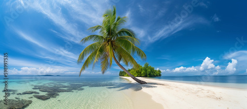 Beautiful natural tropical landscape, generative ai, beach with white sand and Palm tree leaned over calm wave. Turquoise ocean on background blue sky with clouds on sunny summer day