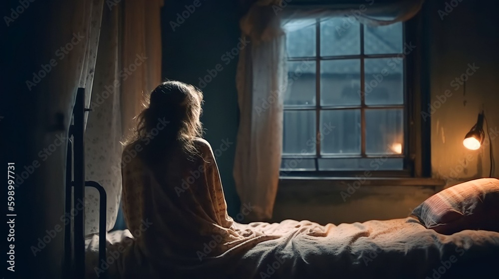 Rear view of woman sitting alone on bed in room and looking through window at night, mental healt, Generative AI