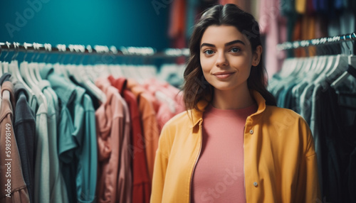 Young woman smiling, choosing fashionable clothing indoors generative AI