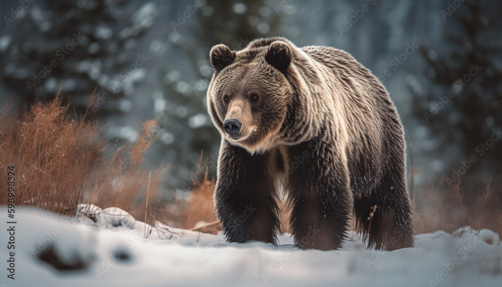 Majestic grizzly bear walking in snowy forest generative AI Majestic grizzly bear walking in snowy forest generative AI