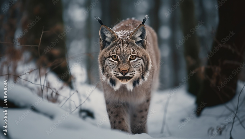Fototapeta premium Big cat staring, spotted fur in snow generative AI