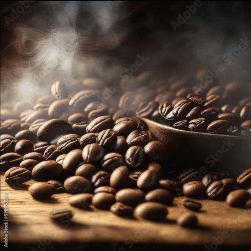 Brown coffee beans on a wooden background