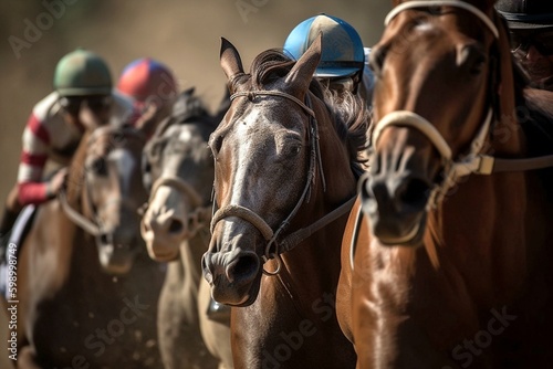 Title (15 words): Racing Horses and Jockeys, Intense Race, Thrilling Finish, High-Speed Competition, Equestrian Drama, Generative AI