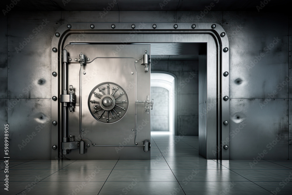 Front view of light silver bank vault door, closed