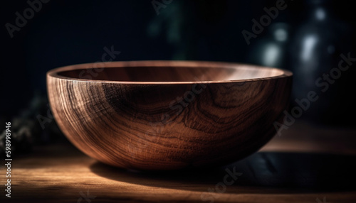 Earthenware bowl on rustic table in nature generative AI