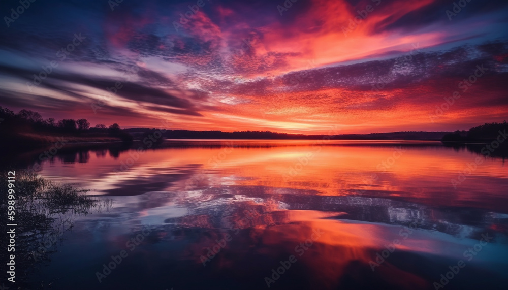 Vibrant sunset reflects on tranquil water landscape generated by AI