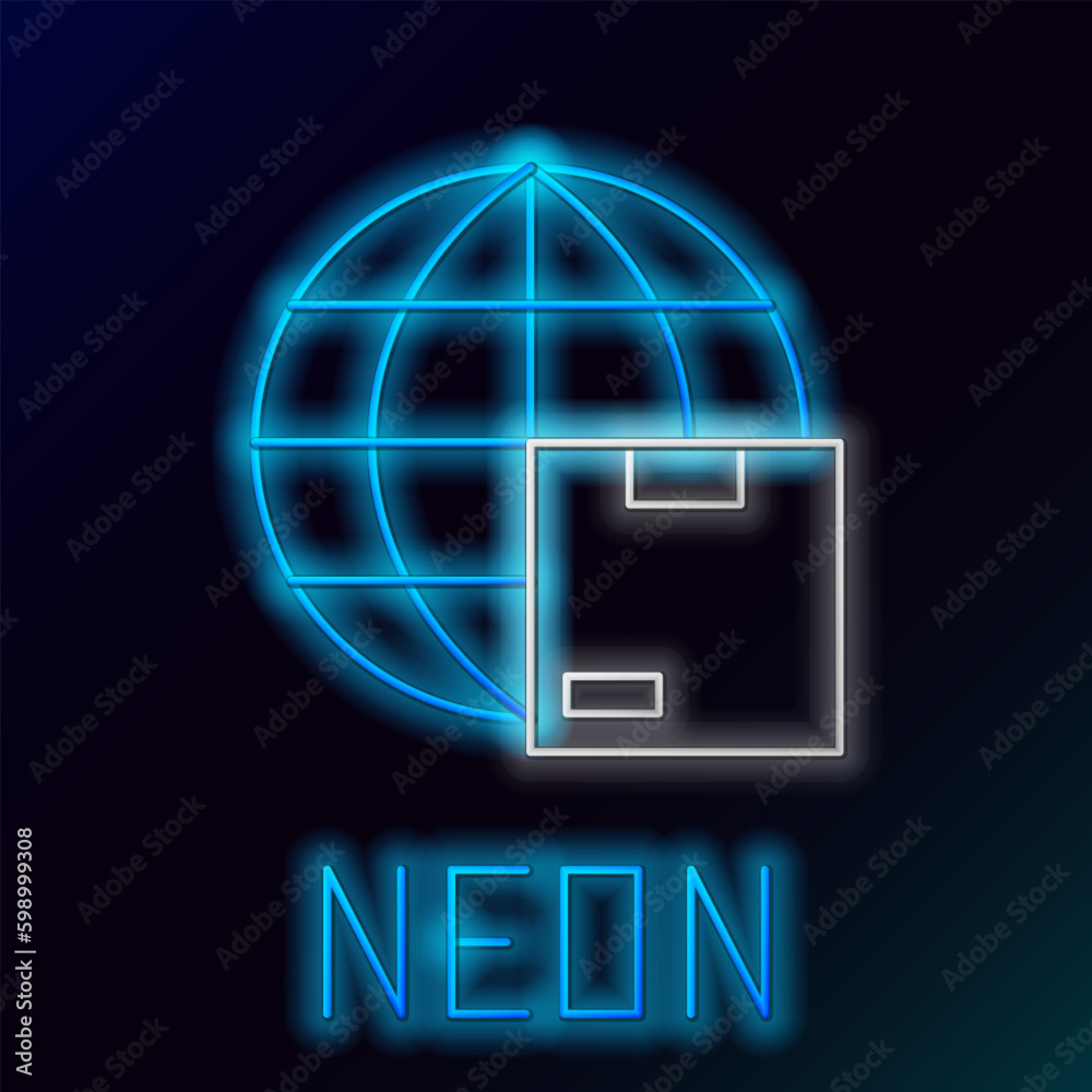 Glowing neon line Worldwide shipping and cardboard box icon isolated on black background. Colorful outline concept. Vector Glowing neon line Worldwide shipping and cardboard box icon isolated on black background. Colorful outline concept. Vector