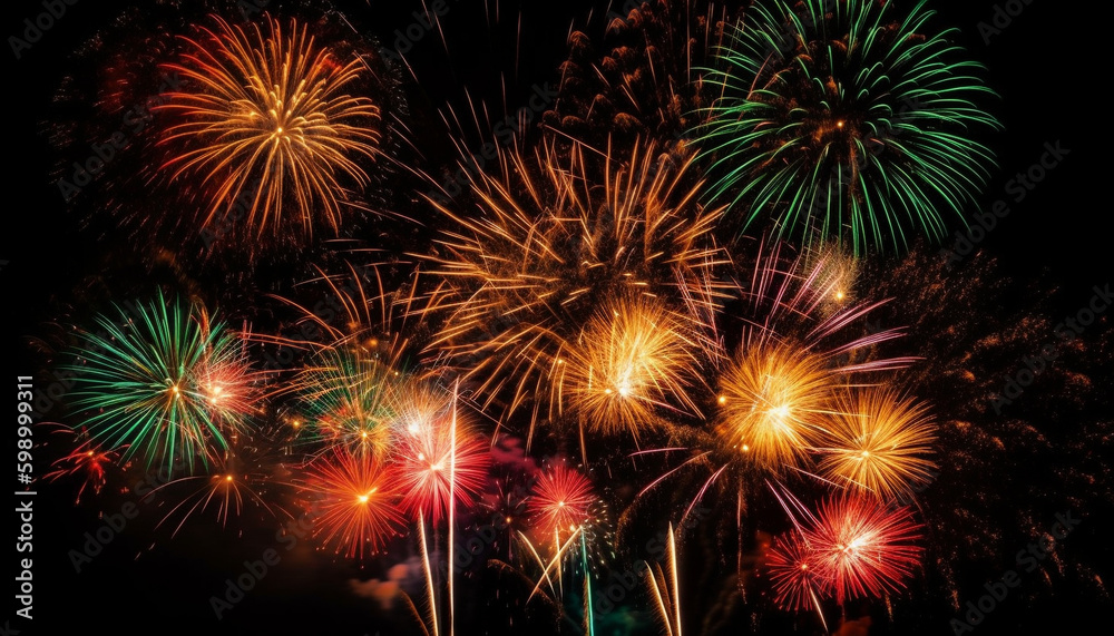 Vibrant colors illuminate exploding firework display at night generated by AI
