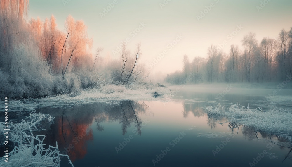 Tranquil scene of winter forest reflects beauty generated by AI