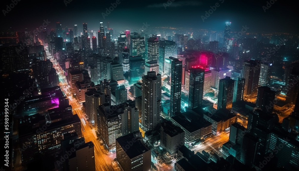 Illuminated skyscrapers glow in crowded city skyline generated by AI