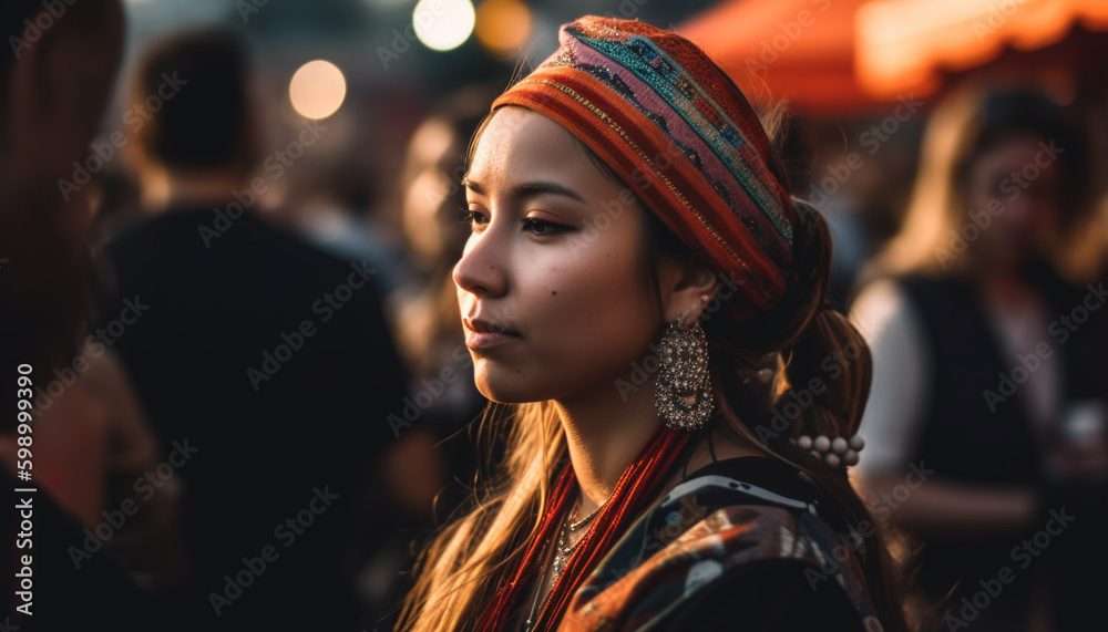 Young adults and women smiling in city nightlife generated by AI Young adults and women smiling in city nightlife generated by AI