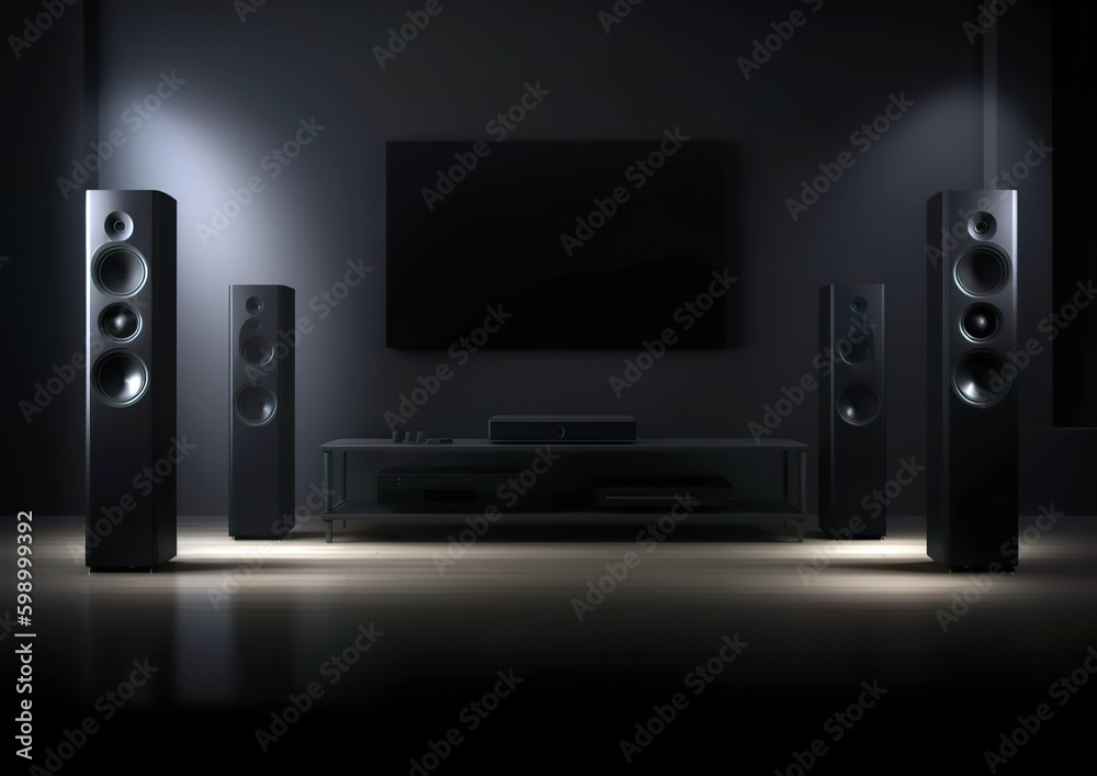 Obraz premium Dark modern cinema room with stylish black TV and sound system and equipment for movie playback. Generative AI.