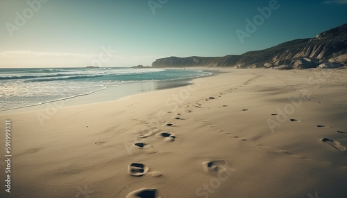 Sunset over tranquil waters, sand dunes nearby generated by AI