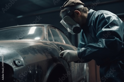 Car body restoration, repairman polishing vintage car. Ai generated art © Pavel