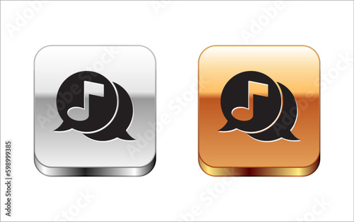 Black Musical note in speech bubble icon isolated on white background. Music and sound concept. Silver-gold square button. Vector