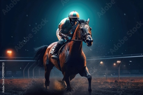 Racing Horse and Jockey, Intense Race, High-Speed Dash, Down the Track, Equestrian Excitement, Generative AI