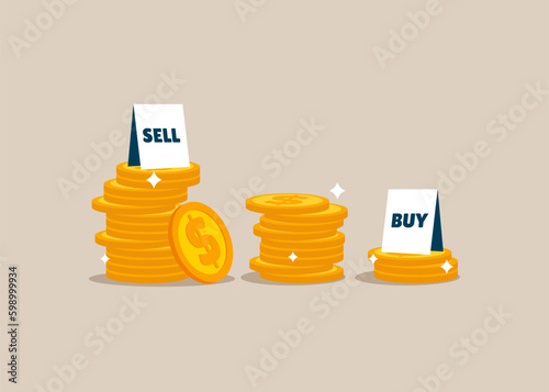 Sell high, buy low. Negative trend from the stock market or investment, financial strategy, decreasing Forex market. Flat vector illustration