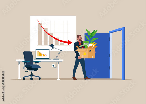 Upset fired man leaving office. Unemployment, losing job, global crisis, recession concept. Modern vector illustration in flat style