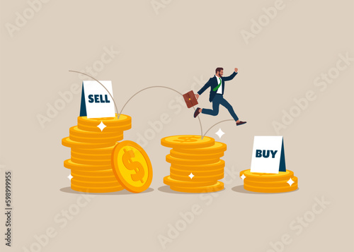 Sell high, buy low. Negative trend from the stock market or investment, financial strategy, decreasing Forex market. Modern vector illustration in flat style