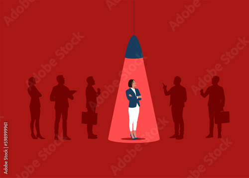 HR recruiting competition. Talented woman professional candidate in light spot. Modern vector illustration in flat style