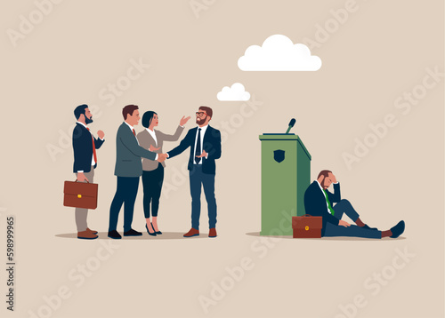 Excommunicated ostracised businessman, sad depressed frustrated man. Modern vector illustration in flat style