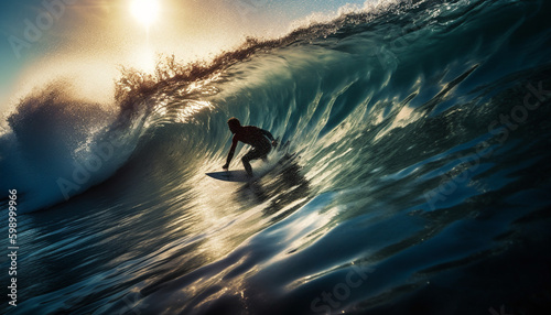 Muscular athlete balances on surfboard, spraying liquid generated by AI © Jeronimo Ramos