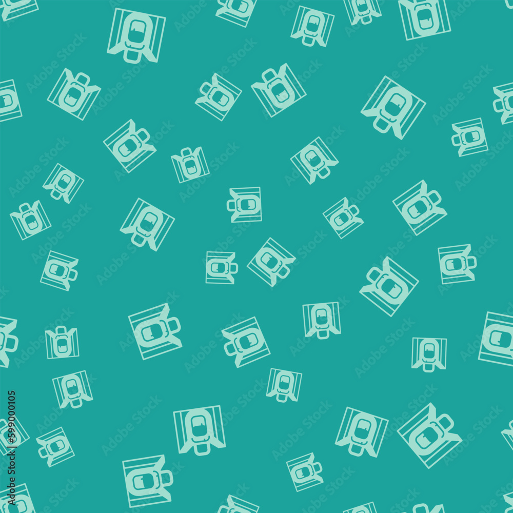 Green Hiking backpack icon isolated seamless pattern on green background. Camping and mountain exploring backpack. Vector