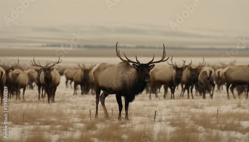 Winter stag standing in snowy forest meadow generated by AI