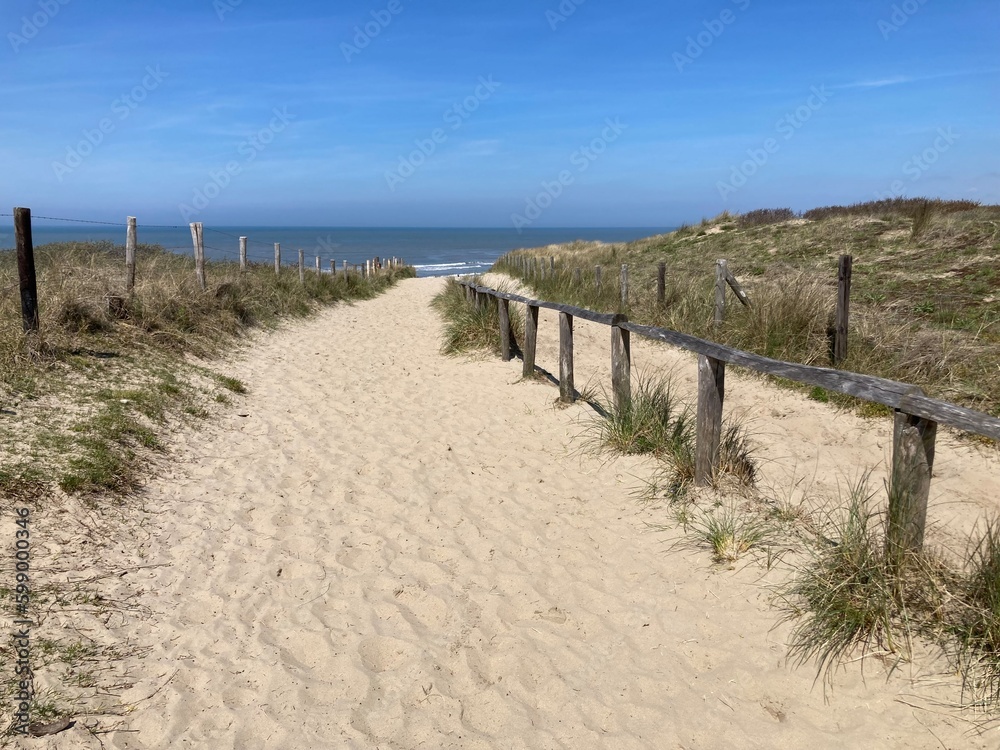 Weg durch die Dünen zum Meer in Noordwijk an der Nordsee in Holland Weg durch die Dünen zum Meer in Noordwijk an der Nordsee in Holland