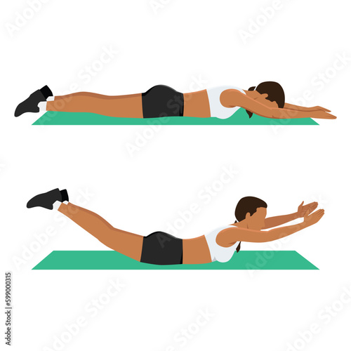 Fitness and Workout. A woman is doing sports exercises. Superman stretch. Workout for back and abs. Fitness for weight loss. Flat vector
