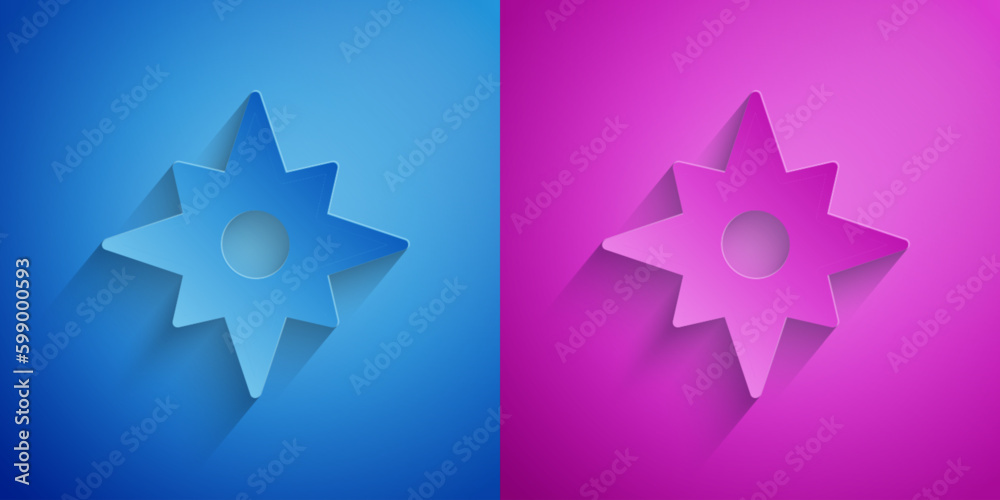 Paper cut Wind rose icon isolated on blue and purple background. Compass icon for travel. Navigation design. Paper art style. Vector Paper cut Wind rose icon isolated on blue and purple background. Compass icon for travel. Navigation design. Paper art style. Vector
