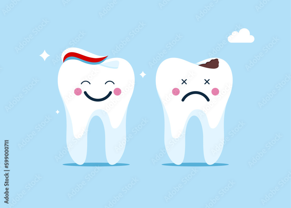 Happy tooth with toothpaste on head and sad tooth with broken enamel. Dental care, dental problem, healthy mouth hygiene, . Modern vector illustration in flat style Happy tooth with toothpaste on head and sad tooth with broken enamel. Dental care, dental problem, healthy mouth hygiene, . Modern vector illustration in flat style